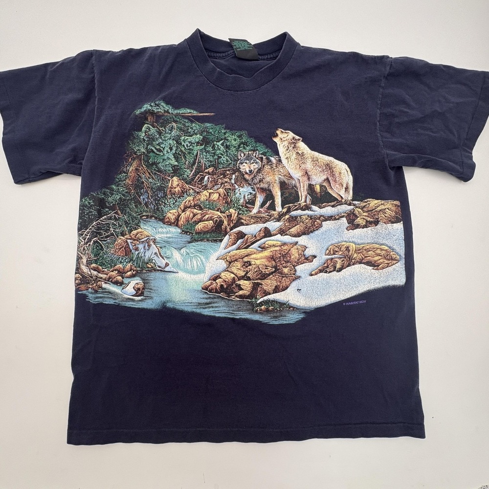 Habitat Shirt Mens L Blue Wolves Wildlife Nature Double Sided Graphic Tee Top